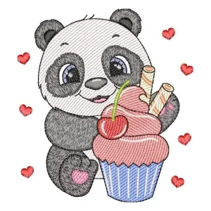 Matriz de bordado Panda Cute com Cupecake (Pontos Leves)