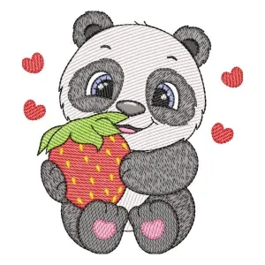 Matriz de bordado Panda Cute com Morango (Pontos Leves)