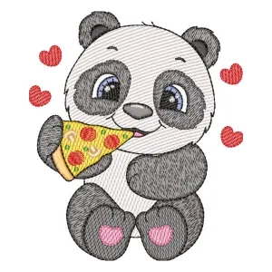 Matriz de bordado Panda Cute com Pizza (Pontos Leves)