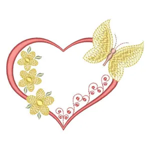 Matriz de bordado Coração com Flores e Borboleta