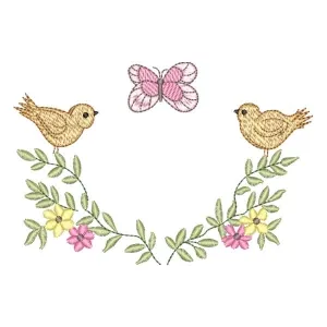 Matriz de bordado Moldura Floral com Pássaros e Borboletas