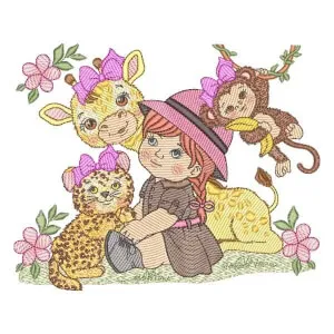 Matriz de bordado Menina com Animais Safari (Pontos Leves)