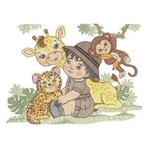 Matriz de bordado Menino com Animais Safari (Pontos Leves)