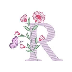 Matriz de bordado Alfabeto com Floral Letra R (Pontos Leves)