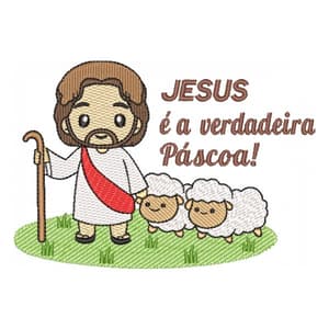 Matriz de bordado Páscoa Cristã com Frase e Ovelhinhas (Pontos Leves)