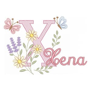 Matriz de bordado Letra X com Flores e Borboletas (Pontos Leves)