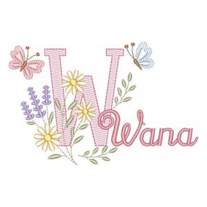 Matriz de bordado Letra W com Flores e Borboletas (Pontos Leves)