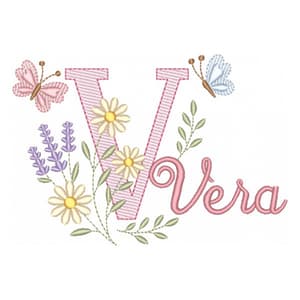 Matriz de bordado Letra V com Flores e Borboletas (Pontos Leves)