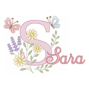 Matriz de bordado Letra S com Flores e Borboletas (Pontos Leves)