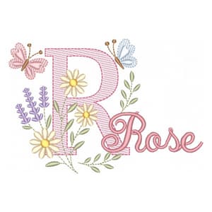 Matriz de bordado Letra R com Flores e Borboletas (Pontos Leves)