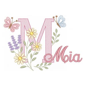 Matriz de bordado Letra M com Flores e Borboletas (Pontos Leves)