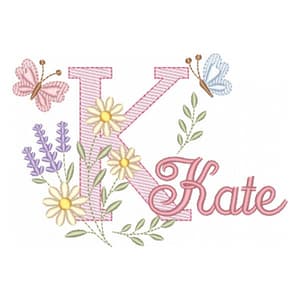 Matriz de bordado Letra K com Flores e Borboletas (Pontos Leves)