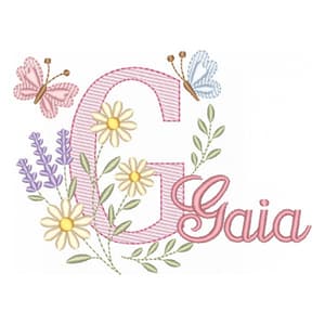 Matriz de bordado Letra G com Flores e Borboletas (Pontos Leves)