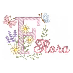 Matriz de bordado Letra F com Flores e Borboletas (Pontos Leves)