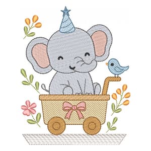 Matriz de bordado Elefante Cute no carrinho (Pontos Leves)