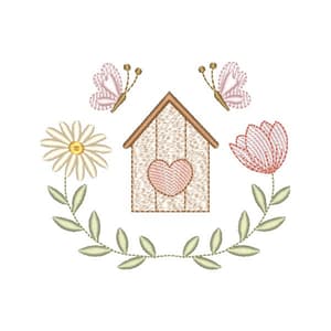 Matriz de bordado Casinha de Passarinho com Borboletas (Pontos Leves)