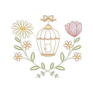 Matriz de bordado Floral com Gaiola (Pontos Leves)
