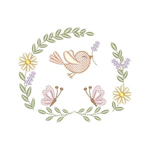 Matriz de bordado Moldura Floral com Passarinho e Borboletas (Pontos Leves)