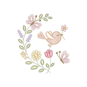 Matriz de bordado Passarinho Entre Flores e Borboletas (Pontos Leves)