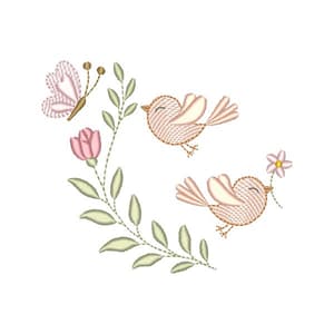 Matriz de bordado Passarinhos com Borboleta (Pontos Leves)