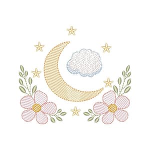 Matriz de bordado Lua com Nuvem e Flores (Pontos Leves)