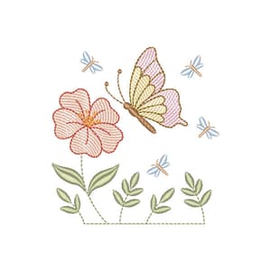 Matriz de bordado Borboleta na Flor com Libélulas (Pontos Leves)