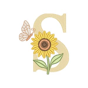 Matriz de bordado Letra S com Girassol e Borboleta (Pontos Leves)