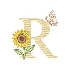 Matriz de bordado Letra R com Girassol e Borboleta (Pontos Leves)