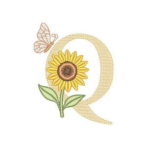 Matriz de bordado Letra Q com Girassol e Borboleta (Pontos Leves)