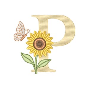 Matriz de bordado Letra P com Girassol e Borboleta (Pontos Leves)