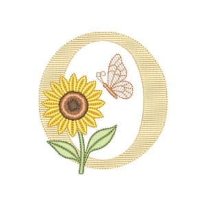 Matriz de bordado Letra O com Girassol e Borboleta (Pontos Leves)