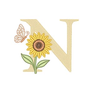 Matriz de bordado Letra N com Girassol e Borboleta (Pontos Leves)