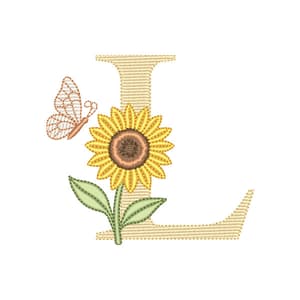 Matriz de bordado Letra L com Girassol e Borboleta (Pontos Leves)