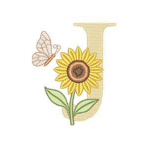 Matriz de bordado Letra J com Girassol e Borboleta (Pontos Leves)