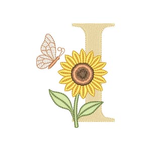 Matriz de bordado Letra I com Girassol e Borboleta (Pontos Leves)