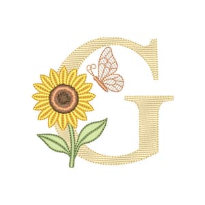 Matriz de bordado Letra G com Girassol e Borboleta (Pontos Leves)