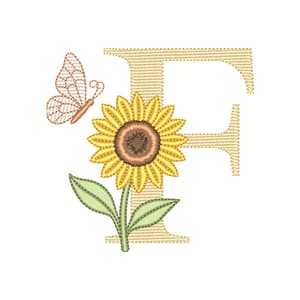 Matriz de bordado Letra F com Girassol e Borboleta (Pontos Leves)