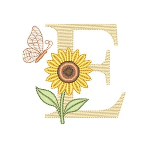 Matriz de bordado Letra E com Girassol e Borboleta (Pontos Leves)