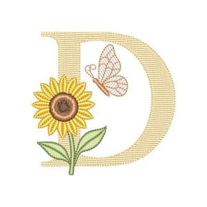 Matriz de bordado Letra D com Girassol e Borboleta (Pontos Leves)