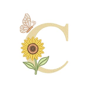 Matriz de bordado Letra C com Girassol e Borboleta (Pontos Leves)