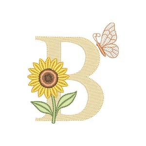 Matriz de bordado Letra B com Girassol e Borboleta (Pontos Leves)