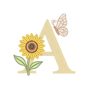 Matriz de bordado Letra A com Girassol e Borboleta (Pontos Leves)