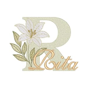 Matriz de bordado Alfabeto Lírio Letra R com Nome (Pontos Leves)