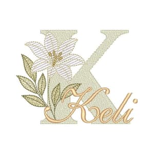 Matriz de bordado Alfabeto Lírio Letra K com Nome (Pontos Leves)