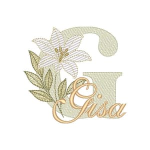 Matriz de bordado Alfabeto Lírio Letra G com Nome (Pontos Leves)