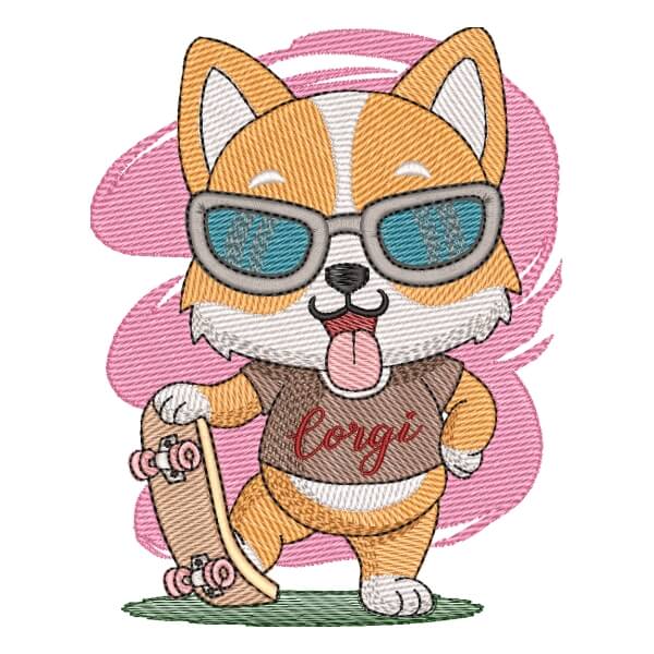 Matriz de Bordado  Corgi com Skate (Pontos Leves) Matriz de Bordado  Corgi com Skate (Pontos Leves)