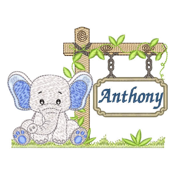 Matriz de Bordado  Elefante Safari com Nome Matriz de Bordado  Elefante Safari com Nome