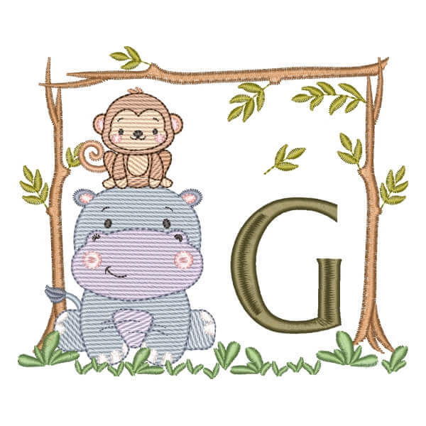 Matriz de Bordado  Macaquinho e Hipopótamo em Moldura com Inicial (Pontos Leves)
