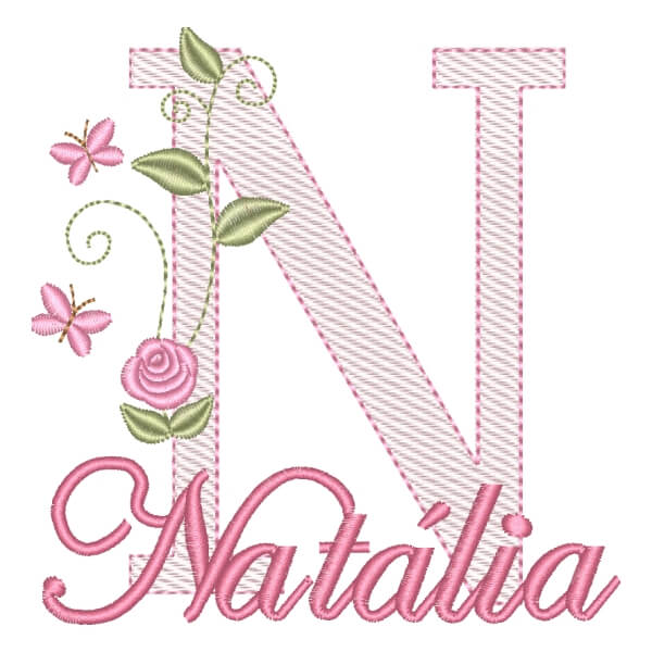 Matriz de Bordado  Monograma com Flores e Nome Letra N (Pontos Leves)