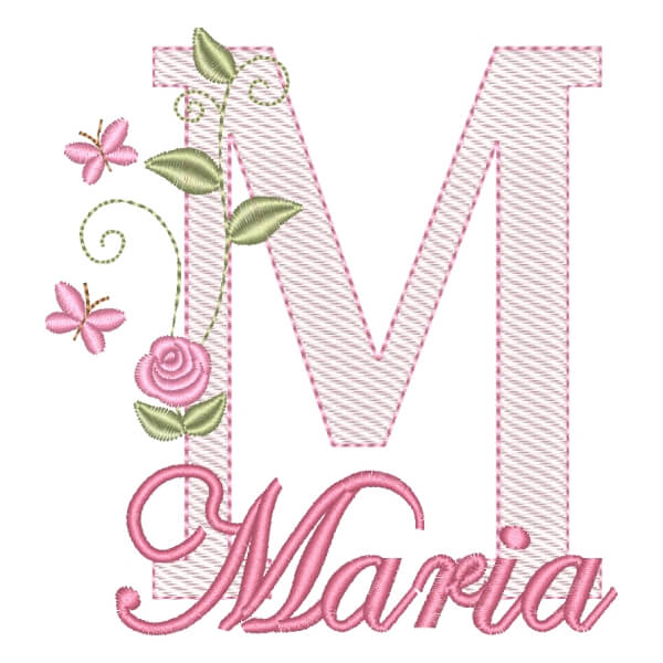 Matriz de Bordado  Monograma com Flores e Nome Letra M (Pontos Leves)